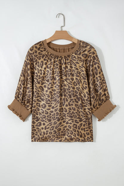 Gold Half Sleeve Metallic Leopard Print Blouse