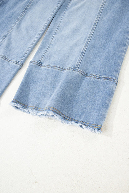 Drawstring Seam Detail Raw Hem Wide Leg Denim Pants