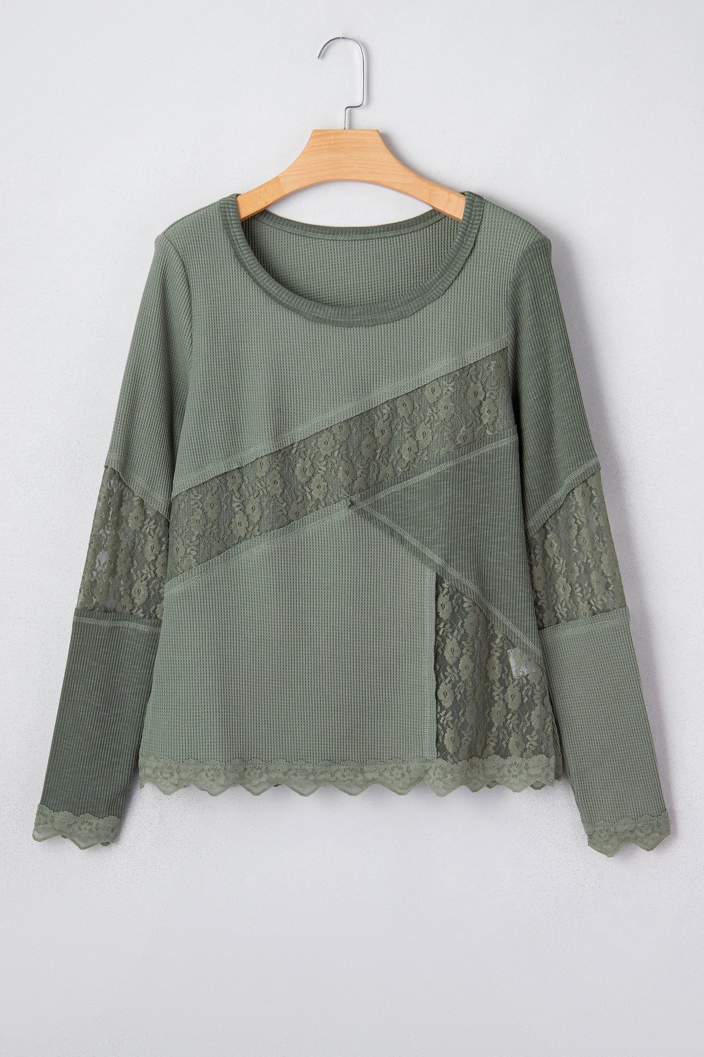 Sage Green Solid Color Waffle Ribbed Lace Patchwork Long Sleeve Top
