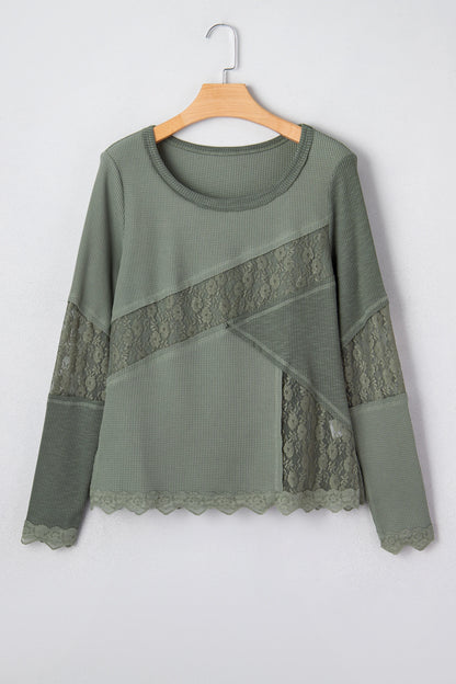 Sage Green Solid Color Waffle Ribbed Lace Patchwork Long Sleeve Top