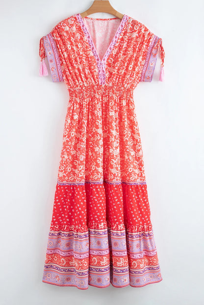 Red Floral Print Tasseled Tied Sleeve Empire Waist Maxi Dress