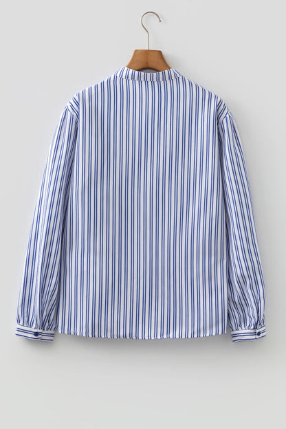 Blue Stripe Embroidered Detail Button Front Long Sleeve Shirt