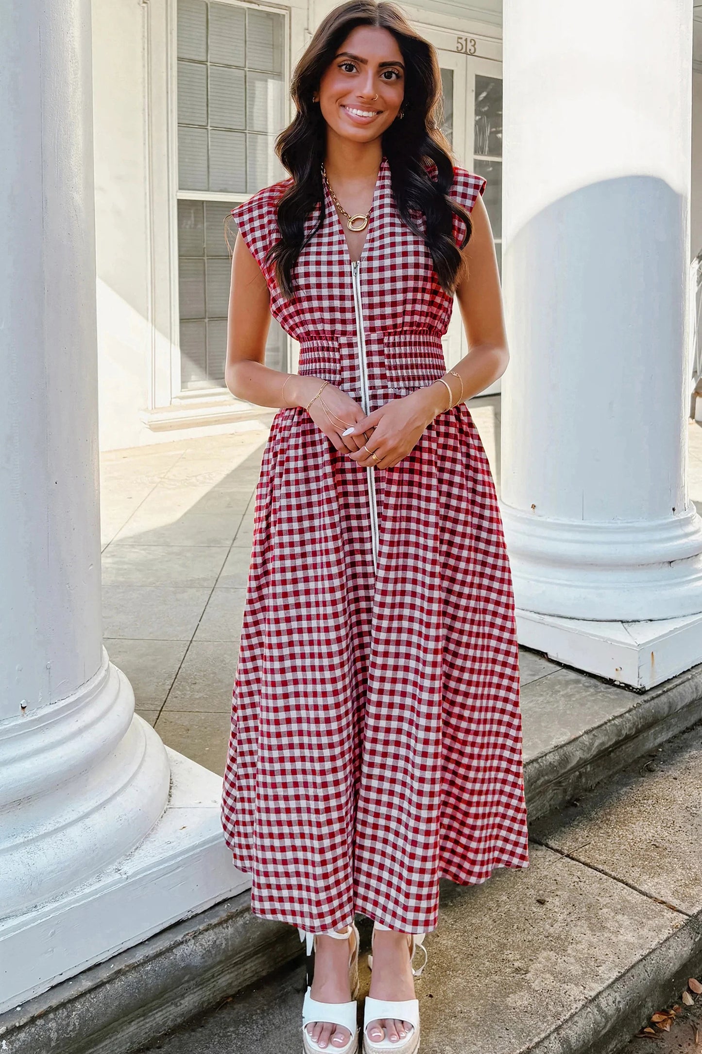 Plaid Print Full Zipper Cinched Waist Fit Flare Sleeveless Maxi Dress