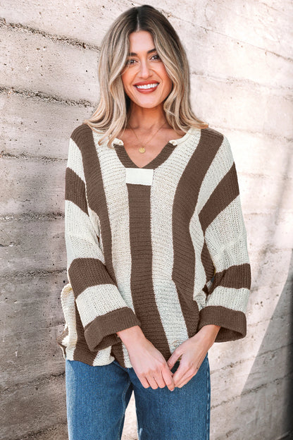 Brown Stripe Colorblock V Neck Bracelet Sleeve Sweater
