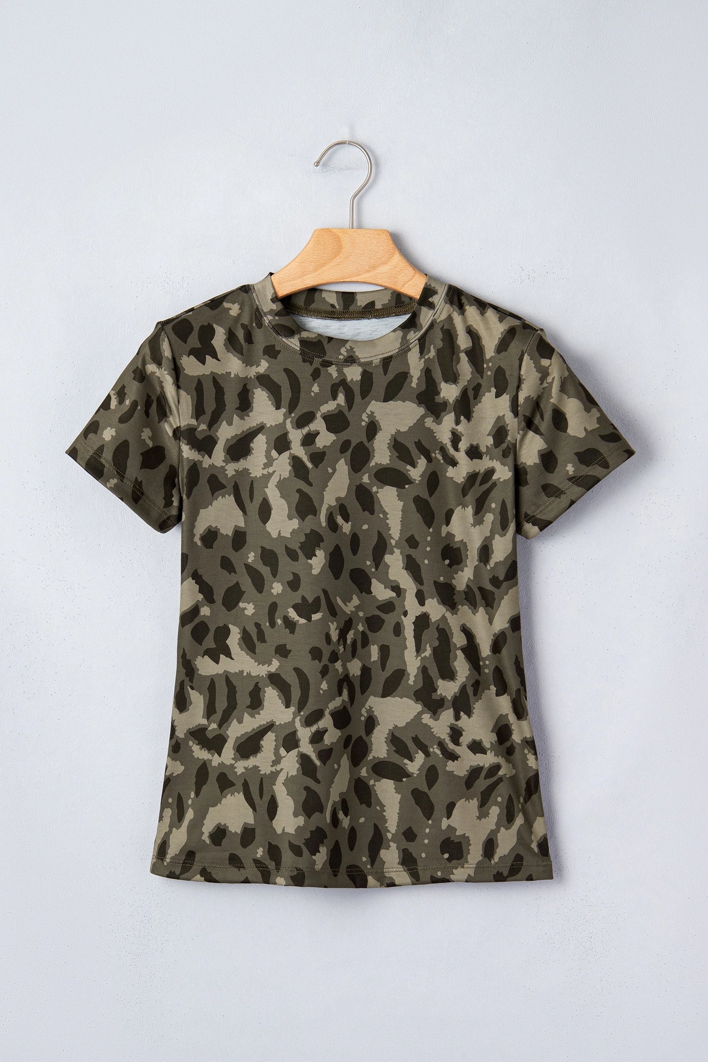 Brown Retro Leopard Print Mock Neck Slim Tee