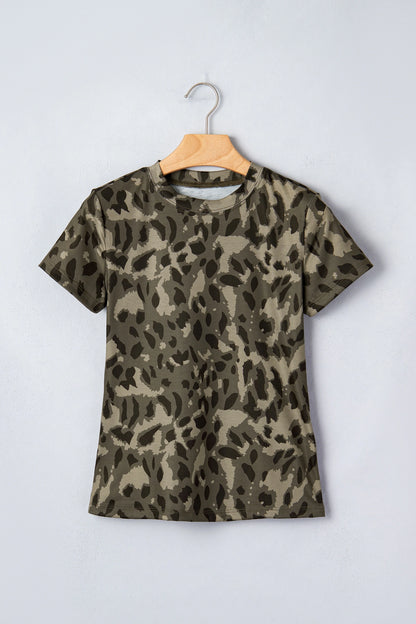 Brown Retro Leopard Print Mock Neck Slim Tee