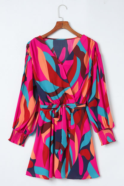 Red Abstract Printed Belted Puff Sleeve Mini Dress