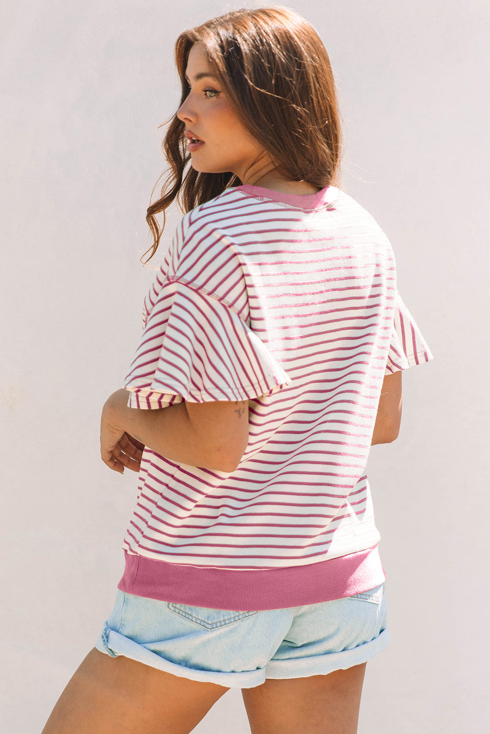Contrast Detail Striped Ruffle Short Sleeve Top
