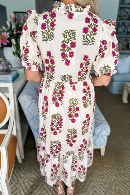 Beige Floral Short Bubble Sleeve Tiered Maxi Dress