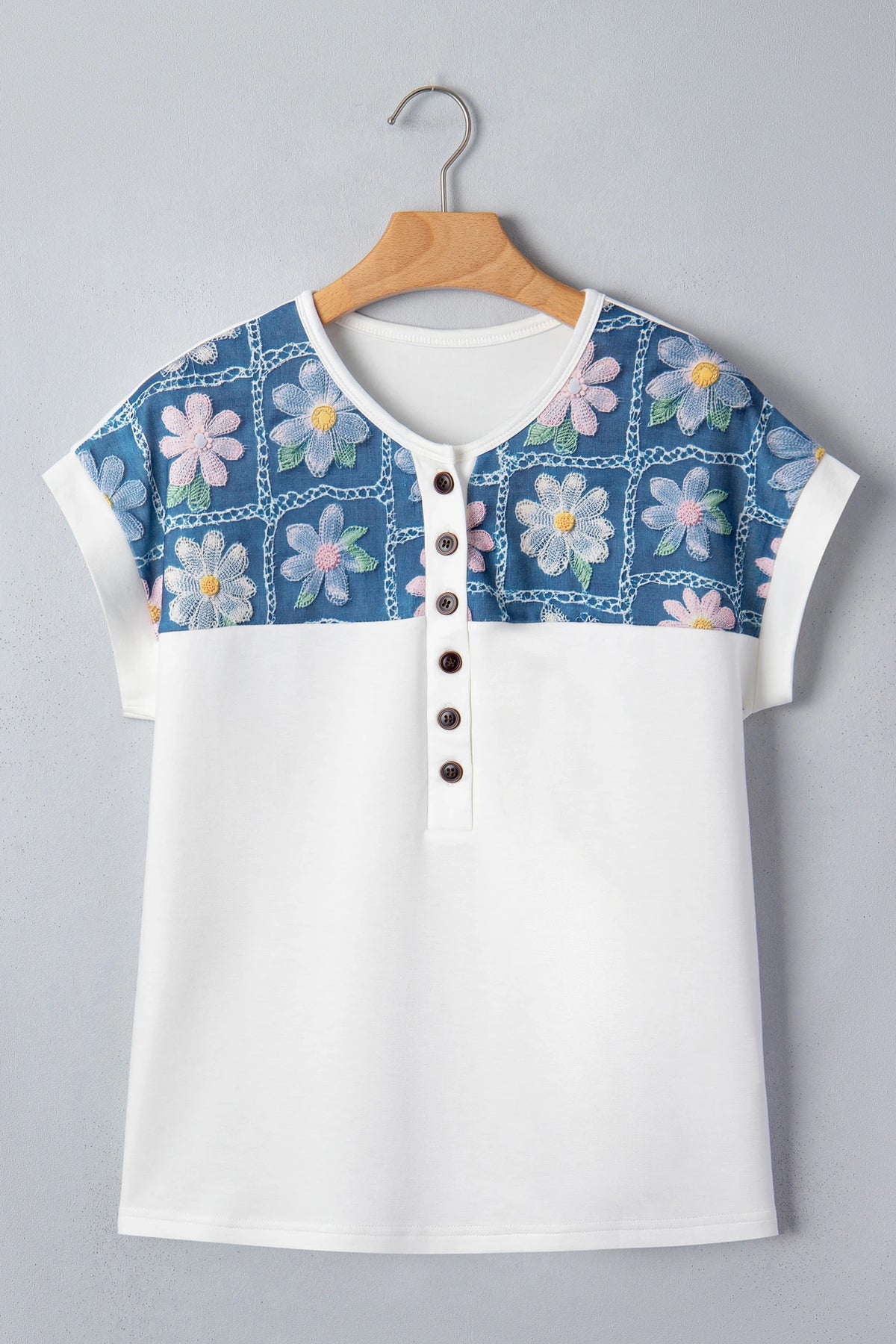 White Floral Patchwork Short Sleeve Viscose Blend Blouse