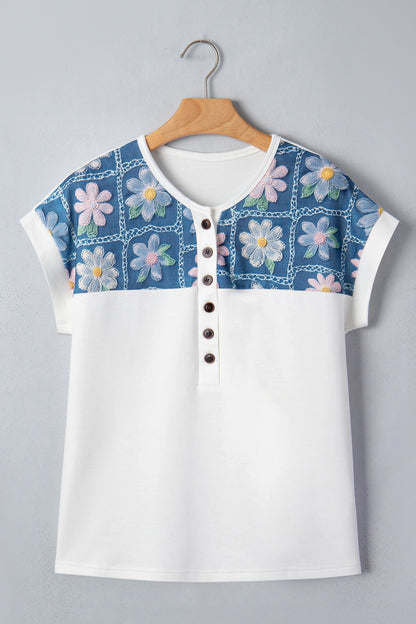 White Floral Patchwork Short Sleeve Viscose Blend Blouse