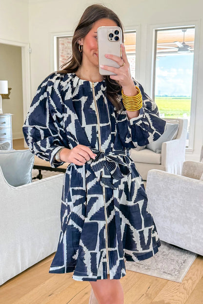 Blue Abstract Geometric Print Zip Front Tie Waist Shift Dress