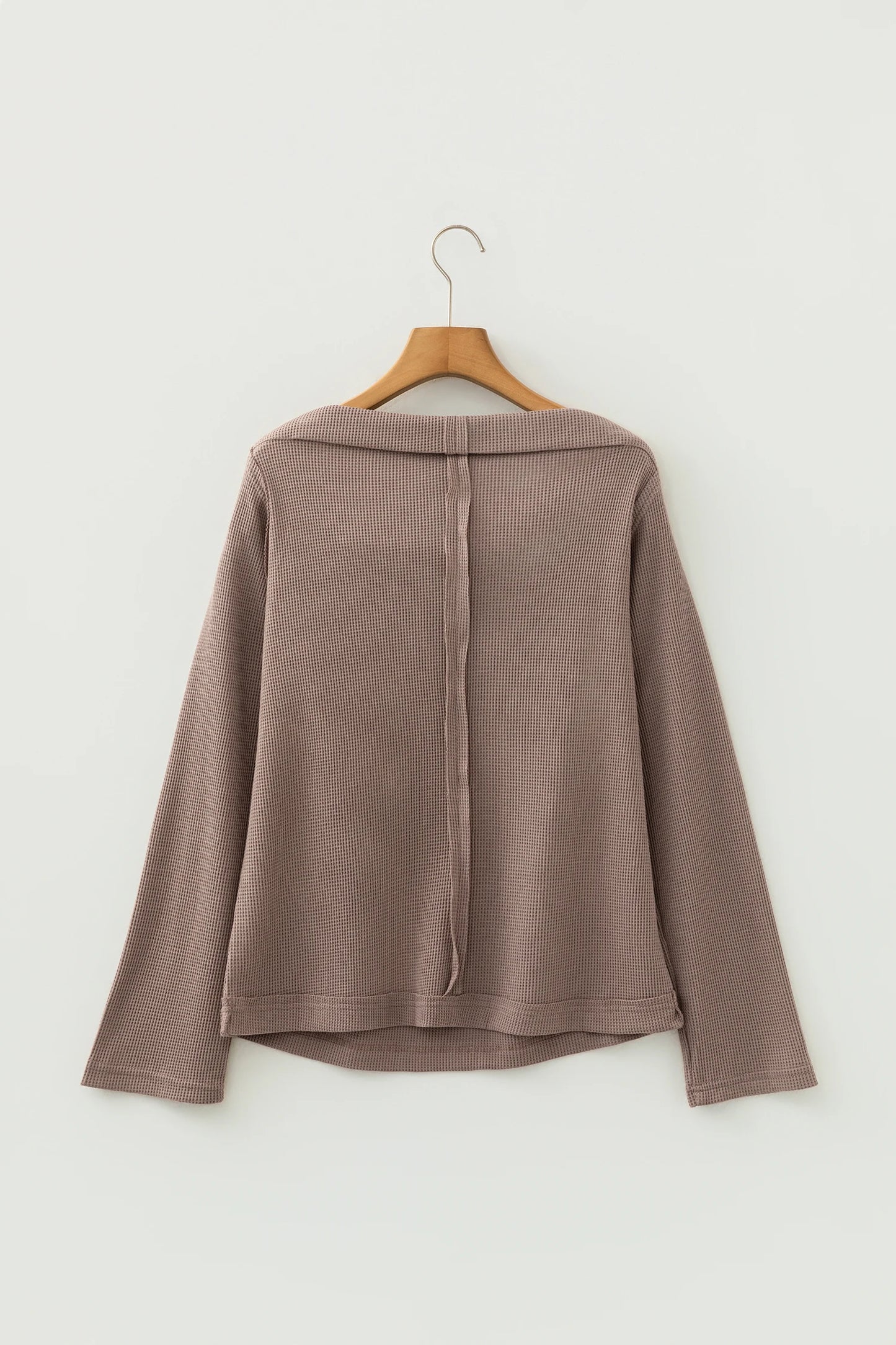 Old Rose Solid Color Waffle Knit Asymmetric Neck Long Sleeve Top