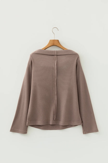 Old Rose Solid Color Waffle Knit Asymmetric Neck Long Sleeve Top