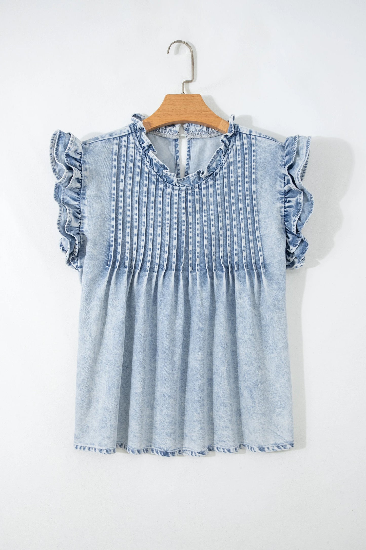 Beau Blue Ruffle Pleated Detail Vintage Washed Denim Top