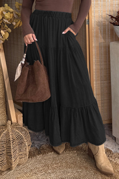 Elastic Waist Ruffled Tiered Flared Denim Maxi Skirt
