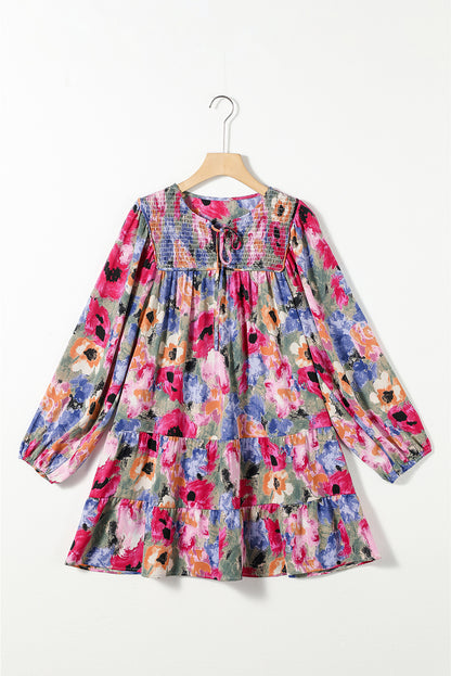 Multicolour Floral Tie Neck Bubble Sleeve Shift Dress