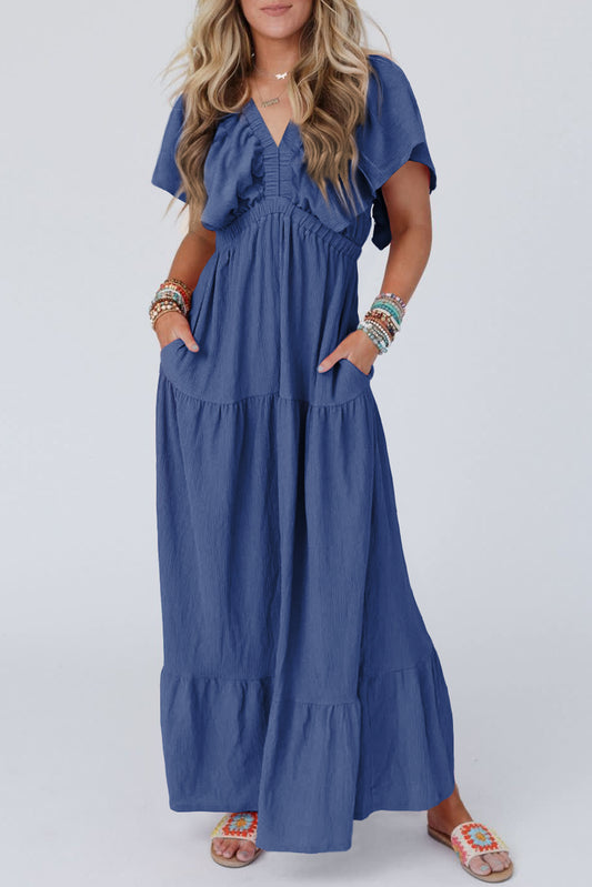 Textured V Neck Flutter Sleeve Ruffled Maxi Dress
