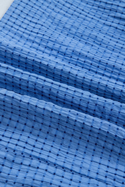 Dusk Blue Gingham Textured Bow Tie Short Sleeve Tiered Midi Dress