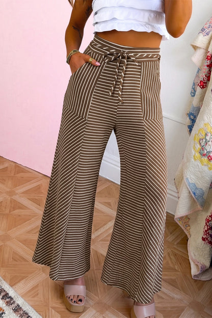 Khaki Stripe Patchwork Design Wide Leg Casual Pants