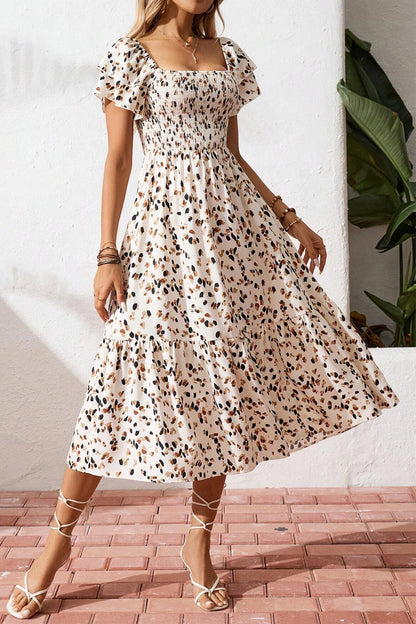 Beige Print Smocked Square Neck Ruffle Short Sleeve Dress