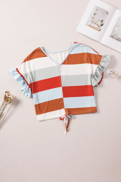 Multicolor Stripe V-Neck Ruffle Sleeve Ruched Top