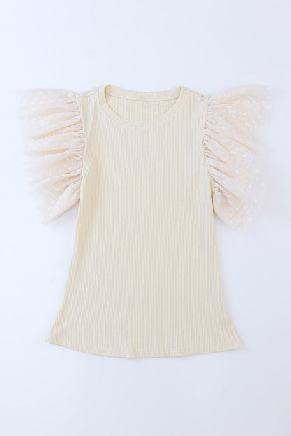 Dotty Mesh Ruffle Sleeve Ribbed Knit Top