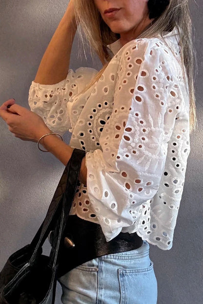 White Eyelet Embroidered Puff Sleeve Crop Shirt