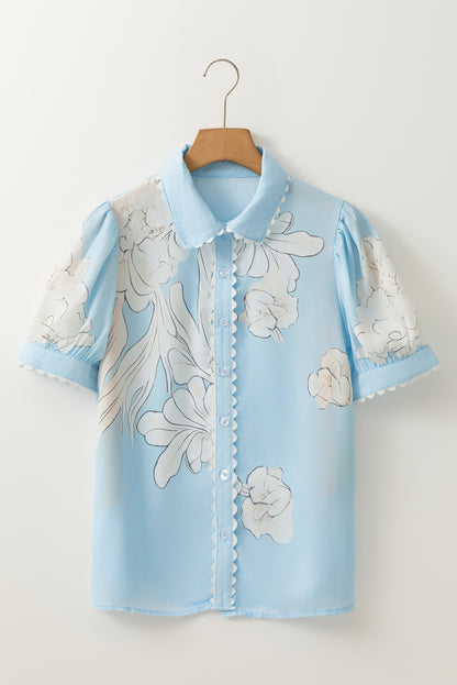 Floral Ric Rac Edge Puff Sleeve Button Up Summer Shirt