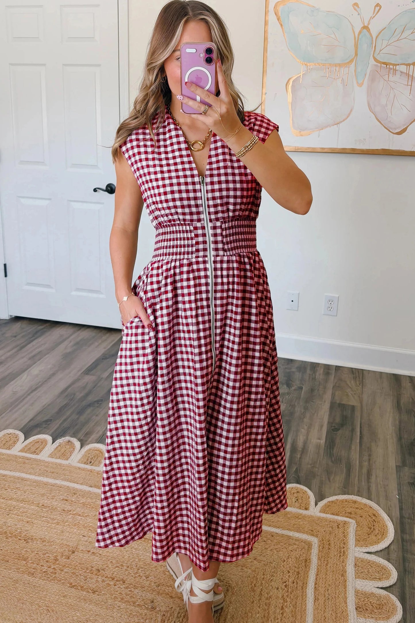 Plaid Print Full Zipper Cinched Waist Fit Flare Sleeveless Maxi Dress