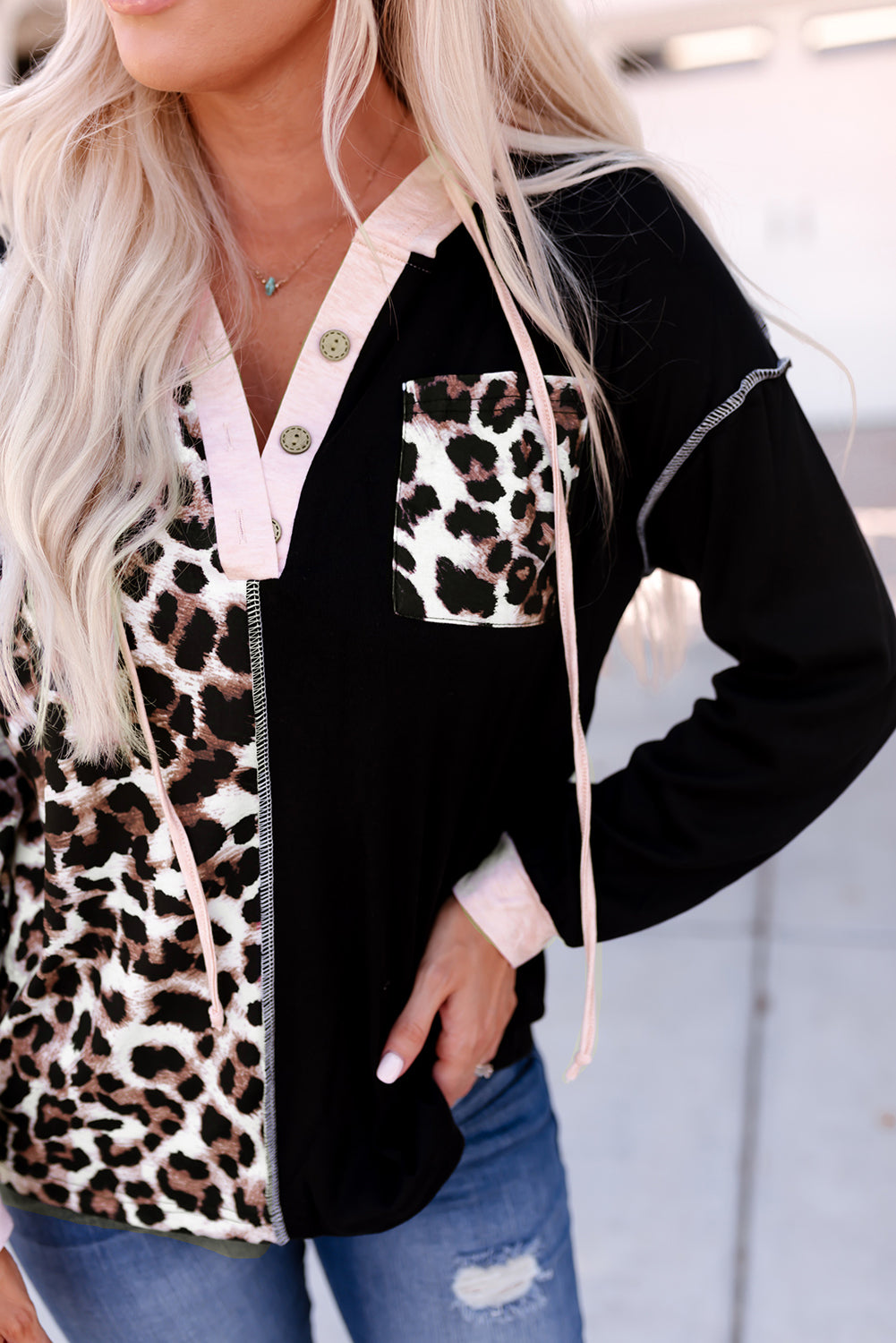 Black Leopard Patchwork Buttoned Hooded Sweatshirt