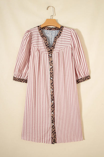 Pink Stripe Square Button Leopard Trim Loose Bracelet Sleeve Shirt Dress