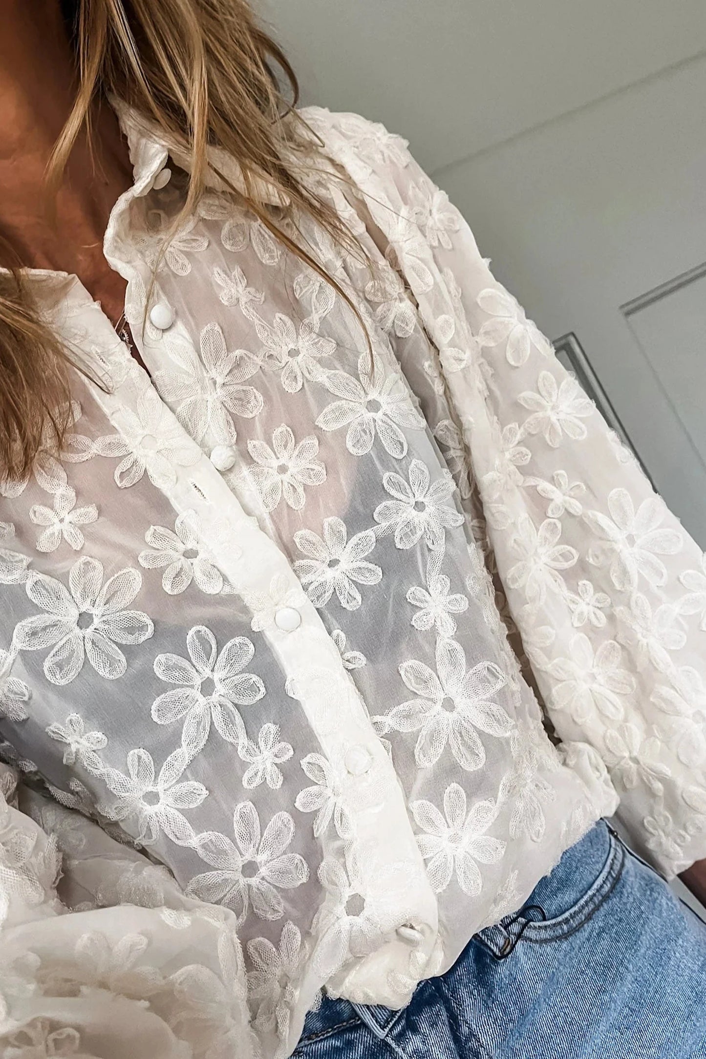 Beige Sheer Jacquard Floral Button-Down Long Sleeve Shirt