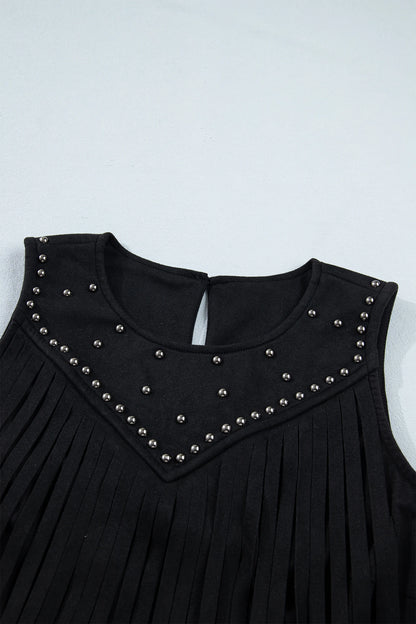 Black Western Fringe Rivet Paneling Bust Sleeveless Top