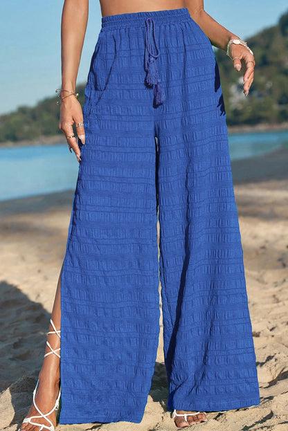 Dark Blue Textured Split Wide Leg Solid Pants