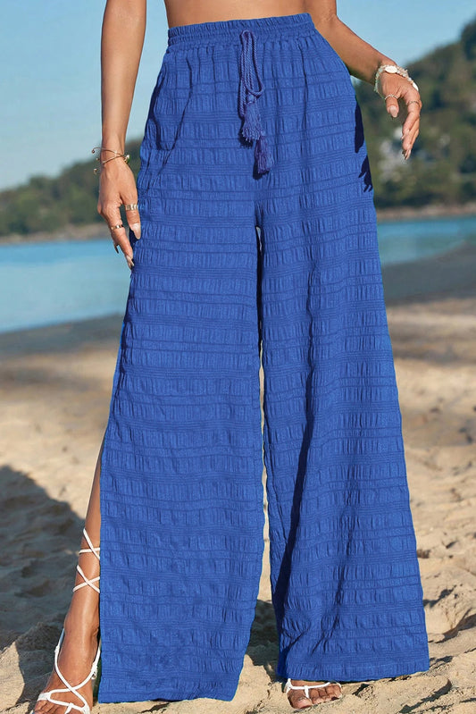 Dark Blue Textured Split Wide Leg Solid Pants