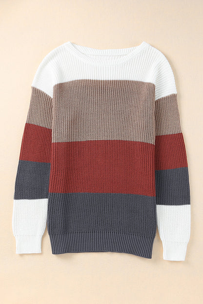 Color Block Knitted O-neck Pullover Sweater