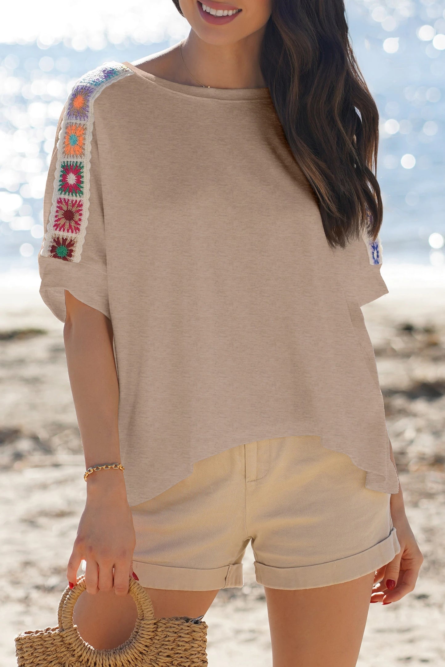 Parchment Granny Square Crochet Detail Loose T Shirt