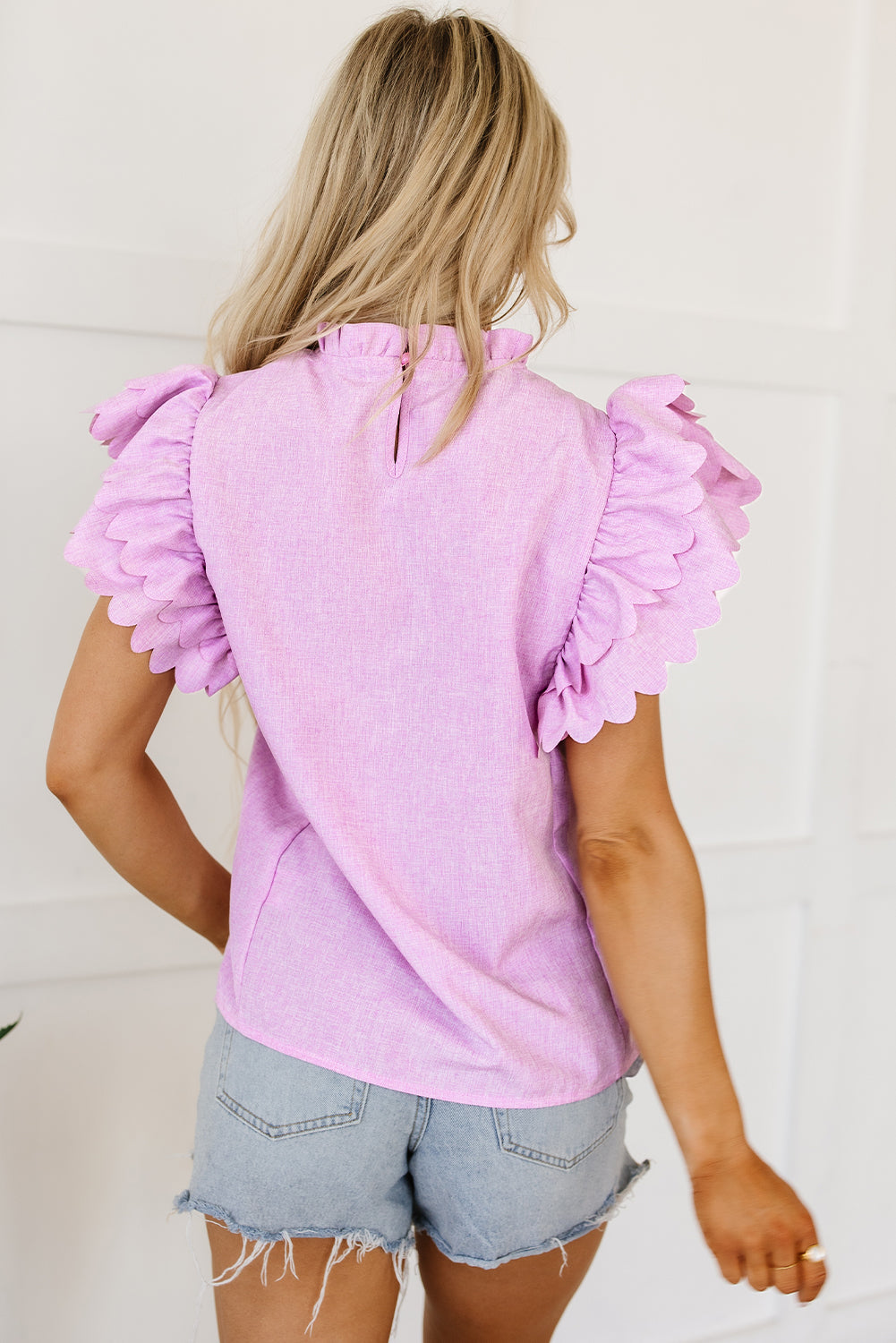 Solid Color Scalloped Ruffle Sleeve Top