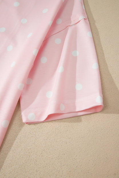 Polka Dot Short Sleeve Loose Top Drawstring Shorts Set