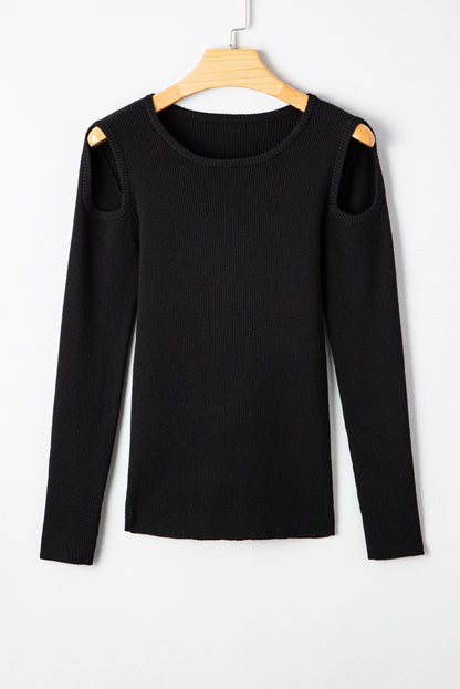 Black Ribbed Knit Cold Shoulder Sweater