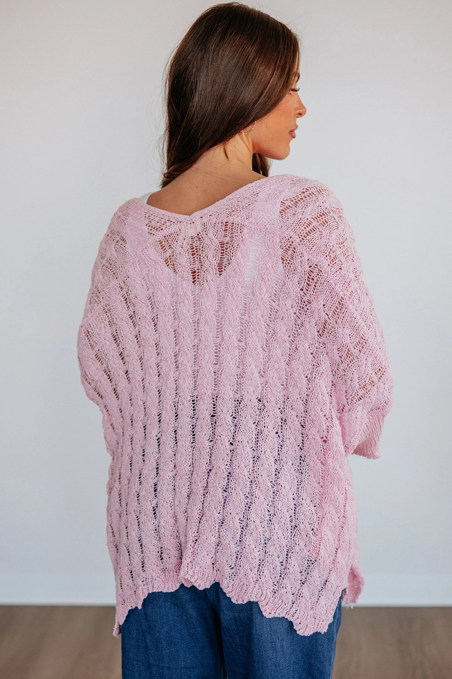 Hollowed Pattern Knit Drop Shoulder Open Sweater Cardigan