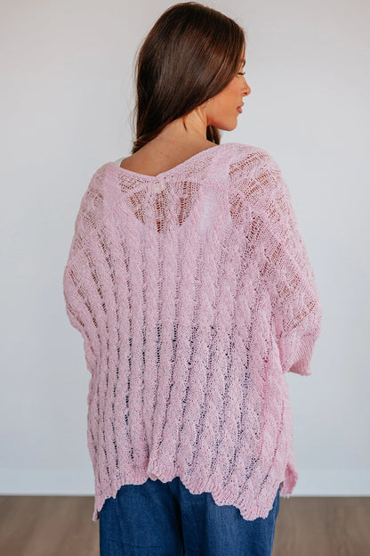 Hollowed Pattern Knit Drop Shoulder Open Sweater Cardigan