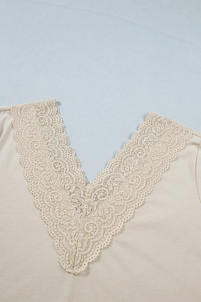 Apricot Lace Splicing V Neck Long Sleeve Top