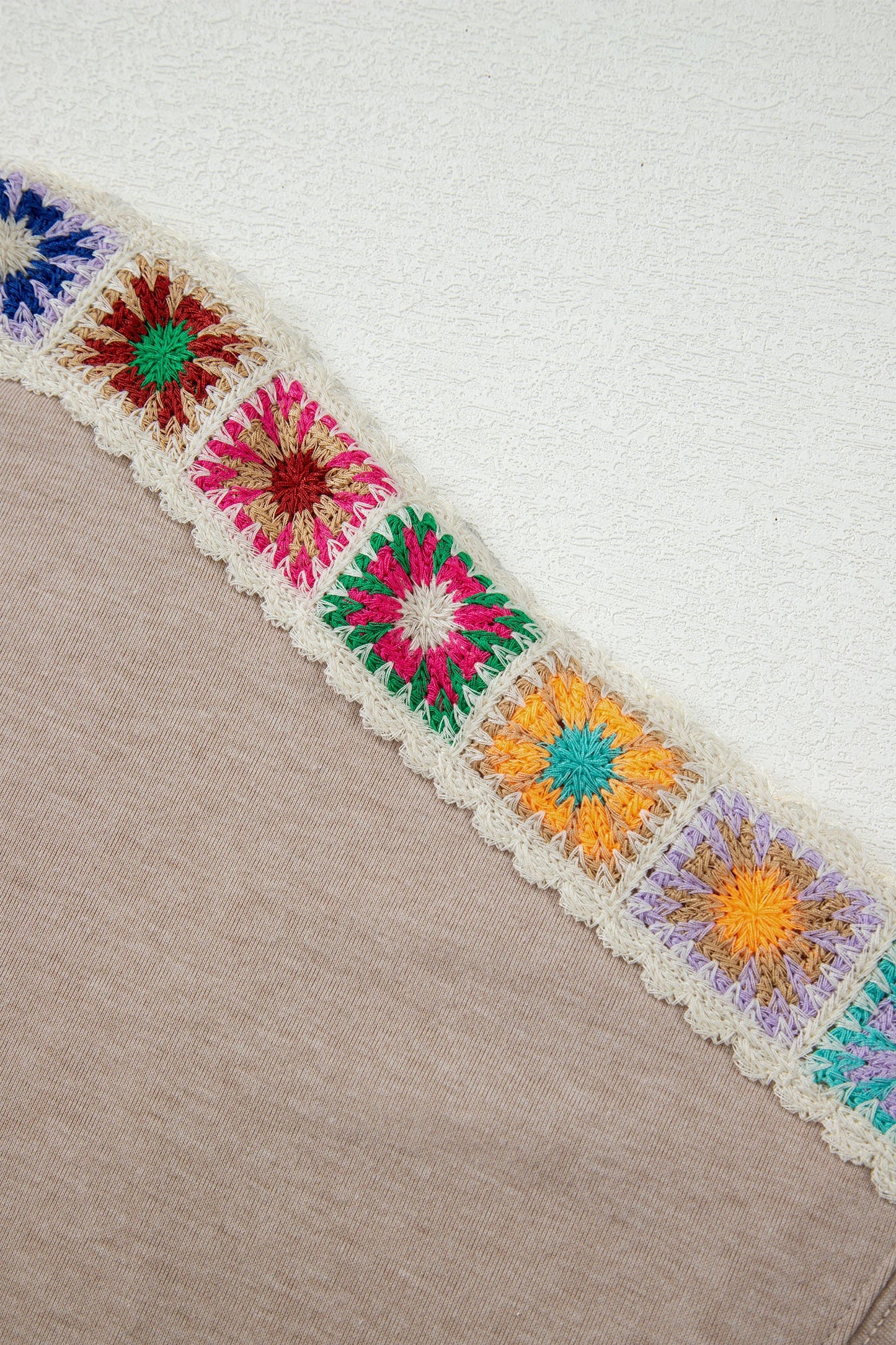 Parchment Granny Square Crochet Detail Loose T Shirt