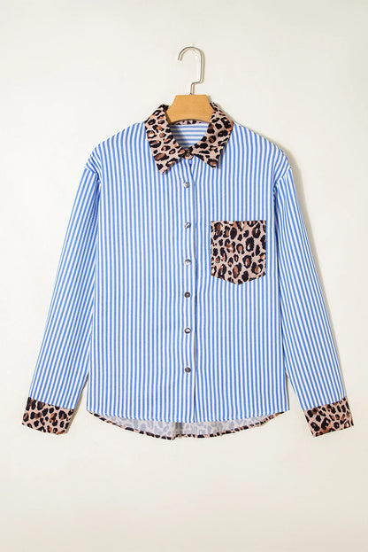 Striped Leopard Print Patchwork Button Up Women's Shirt