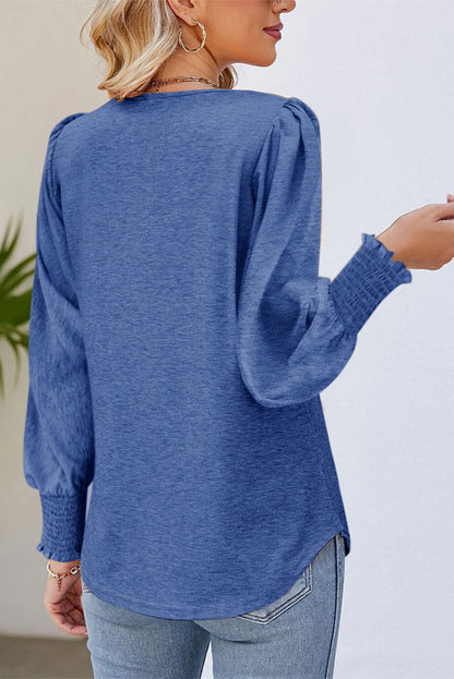 Shirred Shoulder Frilled Cuffs Long Sleeve Top