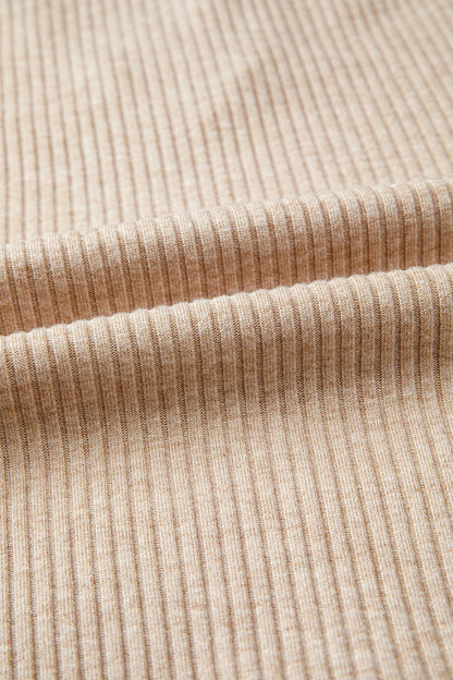 Beige Ribbed Knit Denim Color Block Patchwork Button Detail Collared Blouse