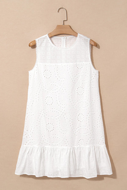 White Floral Eyelet Embroidered Sleeveless Shift Dress