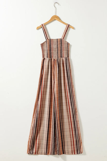 Yellow Stripe Square Neck Sleeveless Smocked Bodice Wide Leg Jumpsuit